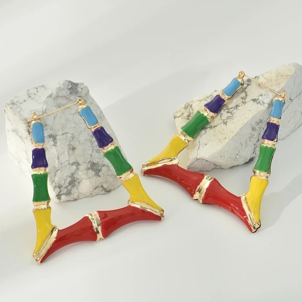 MultiColored Bamboo Trapezoid Door Knocker Earrings 2.75" Trendy Fashion Jewelry